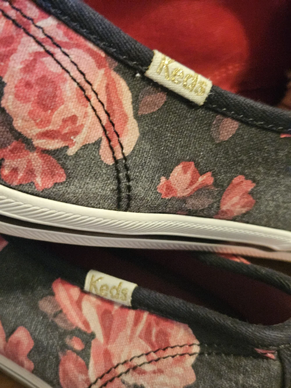 kate spade Black Sneakers with Red Floral Print and Red Tassels